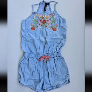 Joe’s Girl Embroidered Chambray Romper  Floral Summer One-Piece Boho Vibes Sz 6